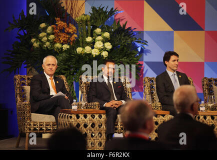 Manila, Philippines. 18th Nov, 2015. Sultan Bolkia (center) and Canada's Prime Minister Justin Trudeau (right) during the ABAC dialogue with other leaders of the Asia-Pacific Economic Cooperation. © J Gerard Seguia/Pacific Press/Alamy Live News Stock Photo