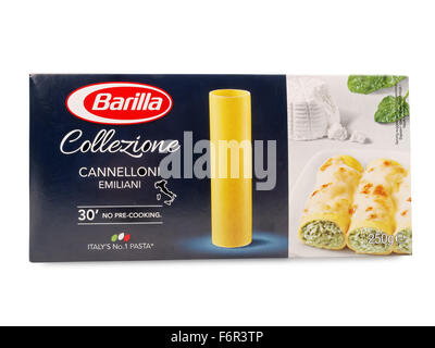 A 250g box of Barilla dried pasta isolated against a white background. Stock Photo