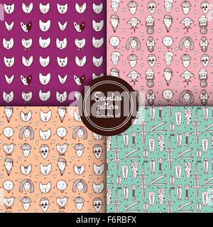 Sketch set of patterns with characters in vintage style, vector Stock Vector
