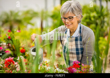 Beautiful mature woman in a garden watering flowers Stock Photo