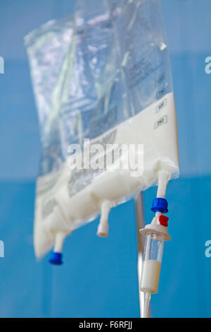 Close up of Total Parenteral Nutrition (TPN) fluids bag on IV stand for ...