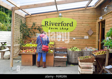 Woman selecting fruit to buy from Riverford Farm Shop sign - sellers of organic products in Devon, England Stock Photo