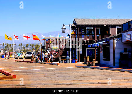 Tourist shops and restaurants on Stearns Wharf in Santa Barbara California Stock Photo