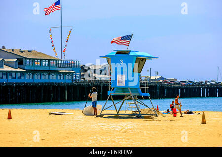 One of the famous blue lifeguard towers synominous with California and Bay Watch seen on Santa Barbara East beach Stock Photo