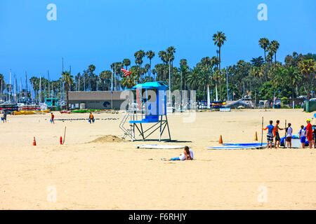 One of the famous blue lifeguard towers synominous with California and Bay Watch seen on Santa Barbara East beach Stock Photo