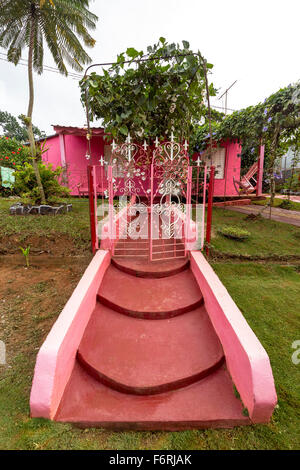 Pink house with stairs, casa particular, private living in Cuba, El Fausto Tata, Viñales, Cuba, Pinar del Río, Cuba Stock Photo