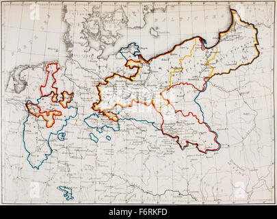 The Kingdom of Prussia between 1740 and 1815.  Yellow outline; in 1740 at the Accession of Friedrich II: red outline; in 1786 at the death of Friedrich II:  blue outline; in 1815 at the Congress of Vienna. Stock Photo