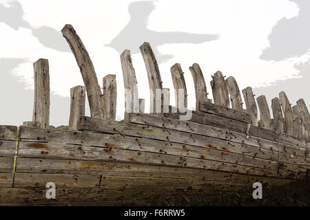 Wooden ship skeleton. Rotting hull of a substantial wooden boat. Rivets and nails can clearly be seen against the wooden hull Stock Photo