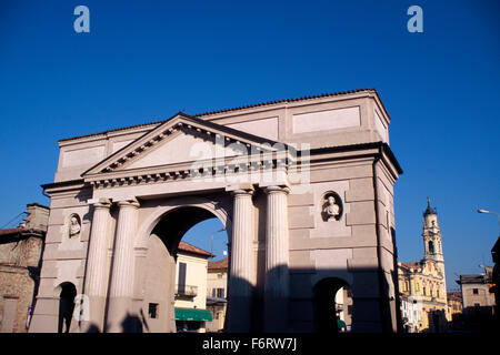 Italy, Lombardy, Crema, Porta Ombriano City Gate background Church of the Santissima Trinita Stock Photo