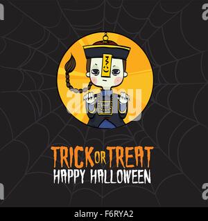 Vector Illustration of Kid Dressed Up Chinese Zombie Costume play Trick or Treat on Halloween Greeting Card Stock Vector