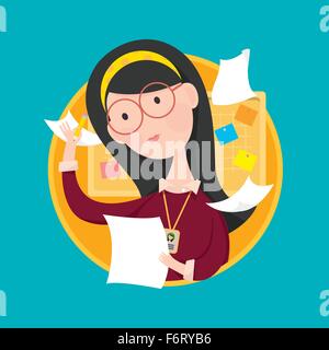 Vector illustration of woman wear glasses working with pencil and paper in hand. Board and memo in background Stock Vector