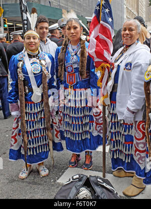 Members of Native American Women Warriors smiling prior to the start of the Veteran's Day Parade in New York City Stock Photo