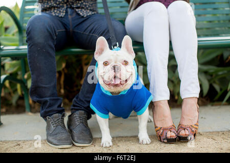 Couple sitting on bench with dog