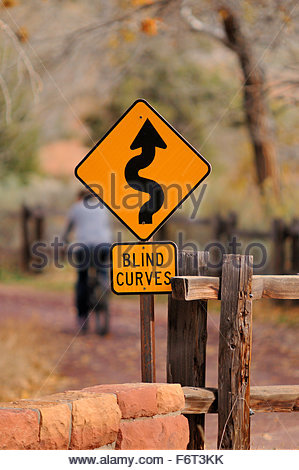 Warning traffic sign, Blind Curve Ahead, Speed 60, Iceland Stock Photo