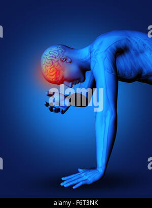 3D render of male figure with brain highlighted as if in pain Stock Photo