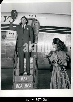 1965 - Beaming as always Gregory Peck the plane on Berlin Air-Port Tempelhof. The American movie actor was received by the young American actress Rita Gam with a large bunch of yellow roses. Gregory Reck came to Berlin to play the leading part in the film ''Men in the Night'' which is at present made in Berlin by the 20th-Century-Fox. Rita Gam also plays an important part in this picture which has a political-criminal background. Other actors in the film are: Broderick Crawford, Anita Bjork, Buddy Ebson, Peter van Eyck and the German actress Marianne Koch. (Credit Image: © Keystone Pictures US Stock Photo