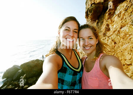 Women taking selfie outdoors Stock Photo