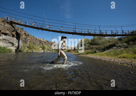 Caucasian woman fishing in rural river Stock Photo