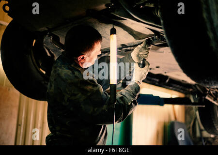 Caucasian mechanic fixing car Stock Photo