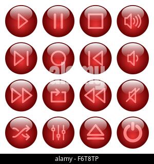 Set of red glossy round media player buttons. Arranged layer structure. Stock Vector
