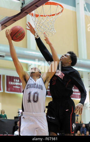 Chicago, IL, USA. 17th Nov, 2015. Lake Forest guard Jordan Moran (5) fouls Chicago forward Waller Perez (10) during an NCAA basketball game with Lake Forest College and The University of Chicago in Chicago, IL. Patrick Gorski/CSM/Alamy Live News Stock Photo