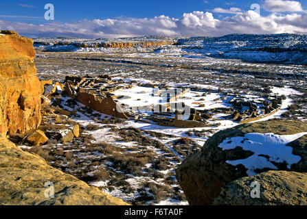 Aerial view of Pueblo Bonito under snow, Chaco Culture National Historic Park, New Mexico USA Stock Photo