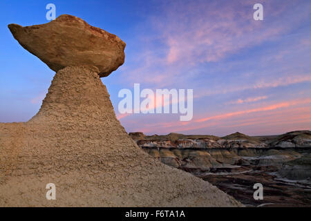 Rock on pedestal and badlands, Bisti De-Na-Zin Wilderness Area, New Mexico USA Stock Photo