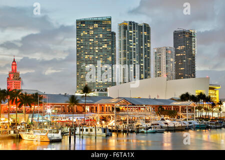 Marina at Bayfront Marketplace and skyscrapers, Miami, Florida USA Stock Photo