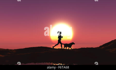 3D render of a female jogging with her dog at sunset Stock Photo