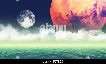Fictional 3D background of planets over the sea Stock Photo