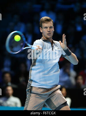 London, UK. 19th Nov, 2015. Czech Republic's Tomas Berdych plays a shot against Serbia's Novak Djokovic during a men's singles match the ATP World Tour Finals tennis tournament in London on Nov. 19, 2015. Berdych lost 0-2. Credit:  Han Yan/Xinhua/Alamy Live News Stock Photo