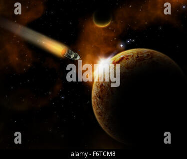 3D space landscape with fictional planets and shuttle Stock Photo