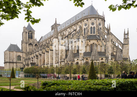 The Massive Cathedral St Etienne in Bourges. A view from the bishop's garden of the famous cathedral,  its flying buttresses and Stock Photo