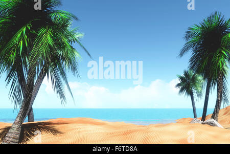 3D render of a tropical landscape with palm trees against the blue ...