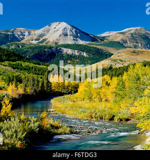 fall colors along badger creek below the rocky mountain front near heart butte, montana Stock Photo