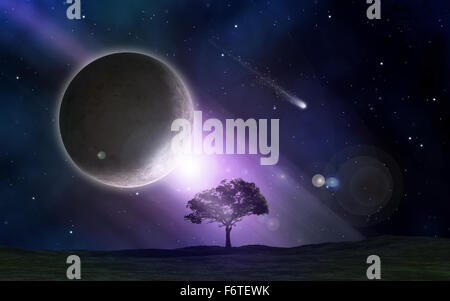 Abstract space scene with tree landscape and fictional planets Stock Photo