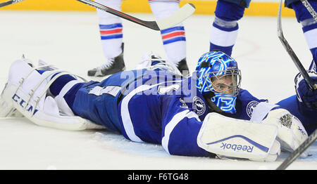 Tampa, Florida, USA. 19th Nov, 2015. DIRK SHADD | Times .Tampa Bay Lightning goalie Ben Bishop (30) down after making a save while battling on the penalty kill against the New York Rangers during second period action at the Amalie Arena in Tampa Thursday evening (11/19/15) © Dirk Shadd/Tampa Bay Times/ZUMA Wire/Alamy Live News Stock Photo