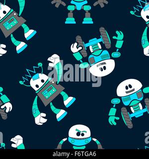 Cute robots in a seamless pattern on navy background . Stock Vector
