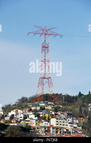 High voltage electric electricity transmission power line cable pylon in Sariyer district of Istanbul, Turkey Stock Photo