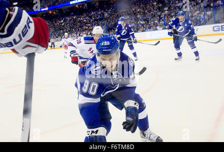 Tampa, Florida, USA. 19th Nov, 2015. DIRK SHADD | Times .Tampa Bay Lightning center Vladislav Namestnikov (90) battles to control the puck along the glass against the New York Rangers during second period action at the Amalie Arena in Tampa Thursday evening (11/19/15) Credit:  Dirk Shadd/Tampa Bay Times/ZUMA Wire/Alamy Live News Stock Photo