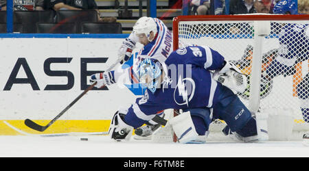 Tampa, Florida, USA. 19th Nov, 2015. DIRK SHADD | Times .Tampa Bay Lightning goalie Ben Bishop (30) works to stop New York Rangers defenseman Ryan McDonagh (27) during first period action at the Amalie Arena in Tampa Thursday evening (11/19/15) Credit:  Dirk Shadd/Tampa Bay Times/ZUMA Wire/Alamy Live News Stock Photo