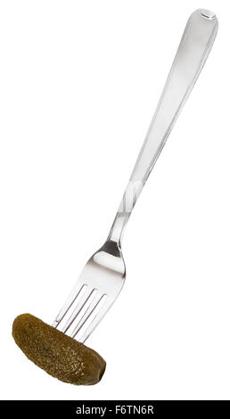 dinning fork with pickled cucumber isolated on white background Stock Photo
