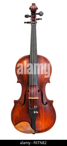 front view of standard full size violin with wooden chinrest isolated on white background Stock Photo