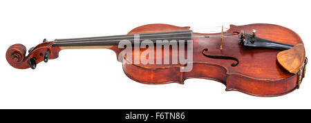 side view of standard full size violin with wooden chinrest isolated on white background Stock Photo