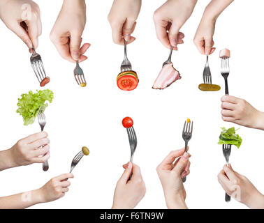 set of forks in hands with different snacks isolated on white background Stock Photo