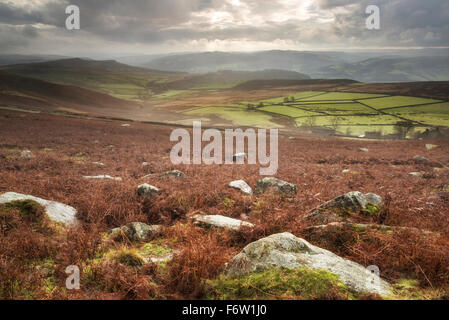 Stunning Autumn Fall landscape of Hope Valley from Stanage Edge in Peak District Stock Photo