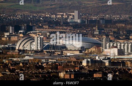 Glasgow city skyline showing l to r ,Clyde Auditorium, Clyde Arc (Squinty Bridge) and the SEE Hydro Stock Photo