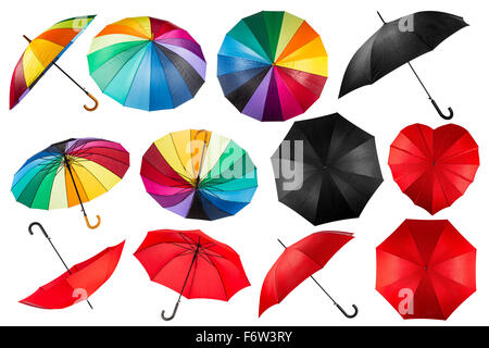 collection of black red and rainbow umbrellas isolated on white background Stock Photo
