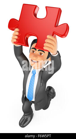 3d business people. Businessman putting a red puzzle piece. Solution. Isolated white background. Stock Photo