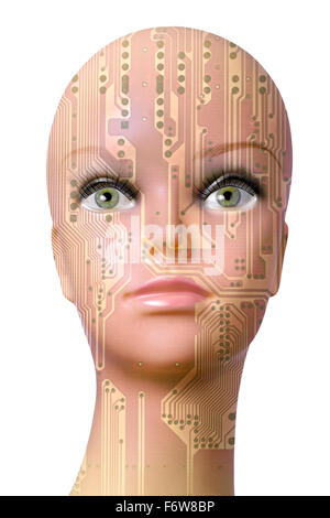 Double exposure artificial Intelligence concept, mannequin head with circuit board pattern Stock Photo